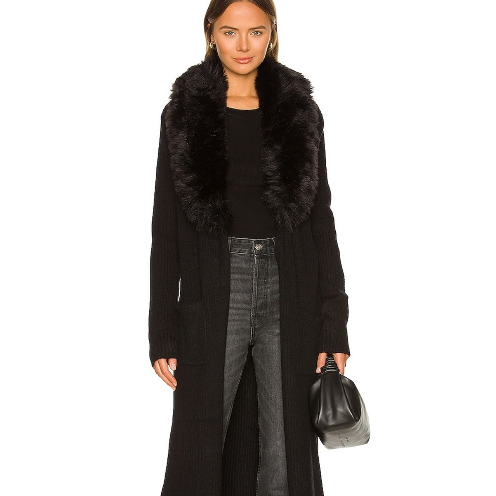 REVOLVE Black Long Knit Cardigan with Faux Fur Collar